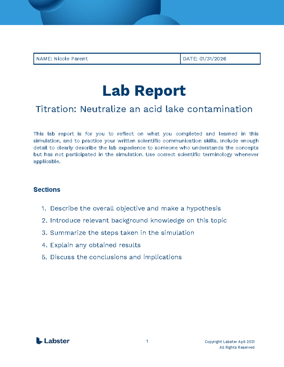 Lab Report: Titration to Neutralize Acid Lake Contamination - Studocu