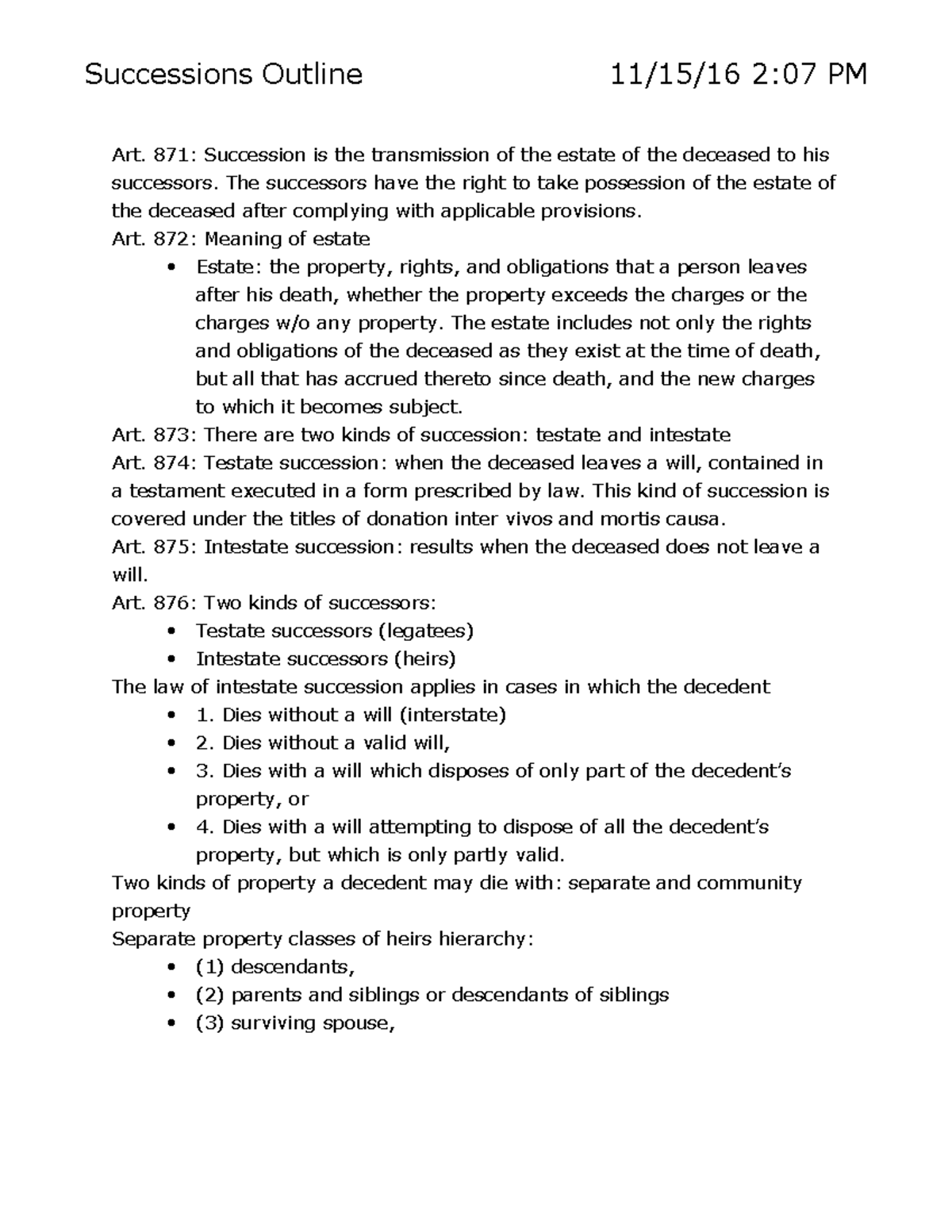 Successions Outline - 871: Succession is the transmission of the estate ...