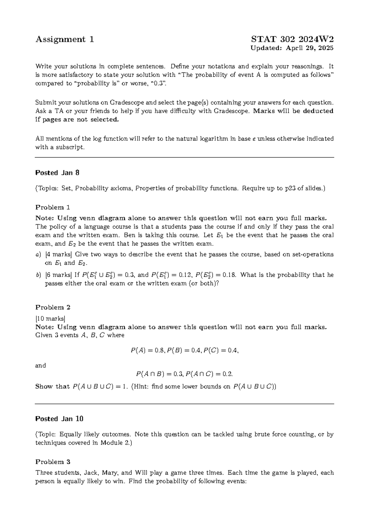 Assignment 1 Solutions for STAT 302 2024W2: Probability Concepts - Studocu