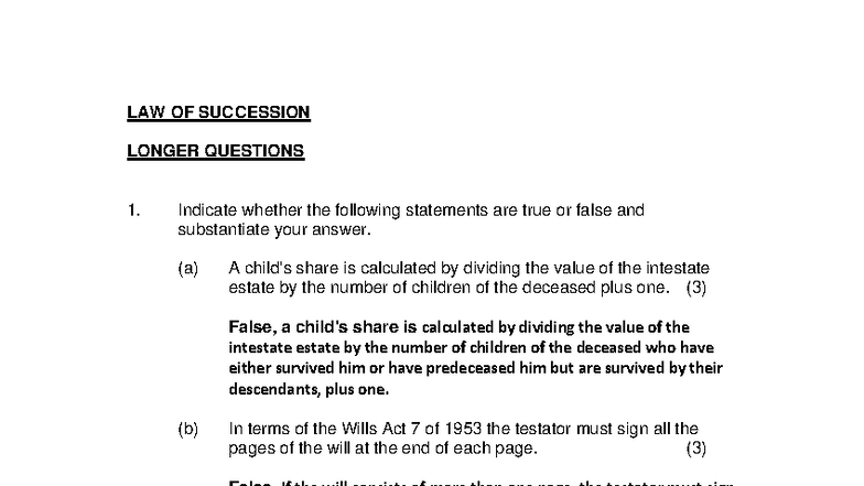 LAW OF SUCCESSION: LONGER QUESTIONS & EXAM PREPARATION NOTES - Studocu