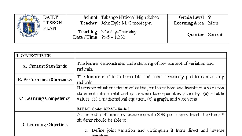 DAILY LESSON PLAN: Joint Variation in Math (Grade 9) - Studocu