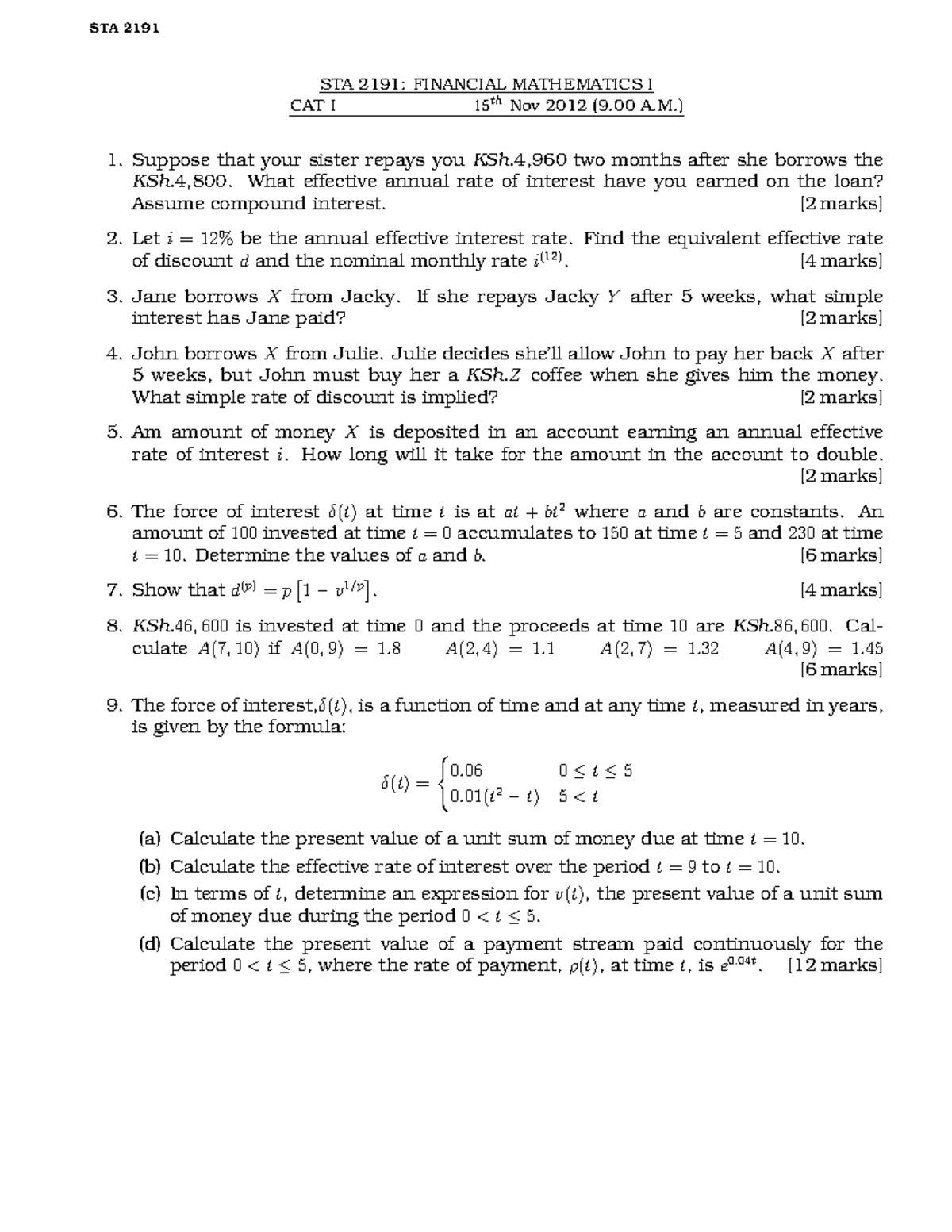 STA 2191: Financial Mathematics I CAT I Exam Questions - Nov 2012 - Studocu