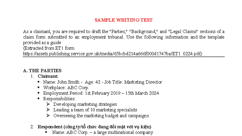 Sample Writing TEST - yuopon - SAMPLE WRITING TEST As a claimant, you ...