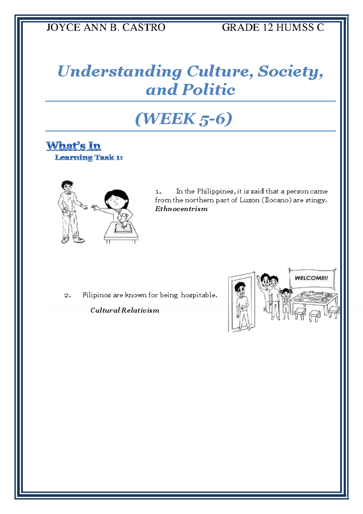 Grade 12 HUMSS C: Week 5-6 Assignment on Culture and Society Insights ...