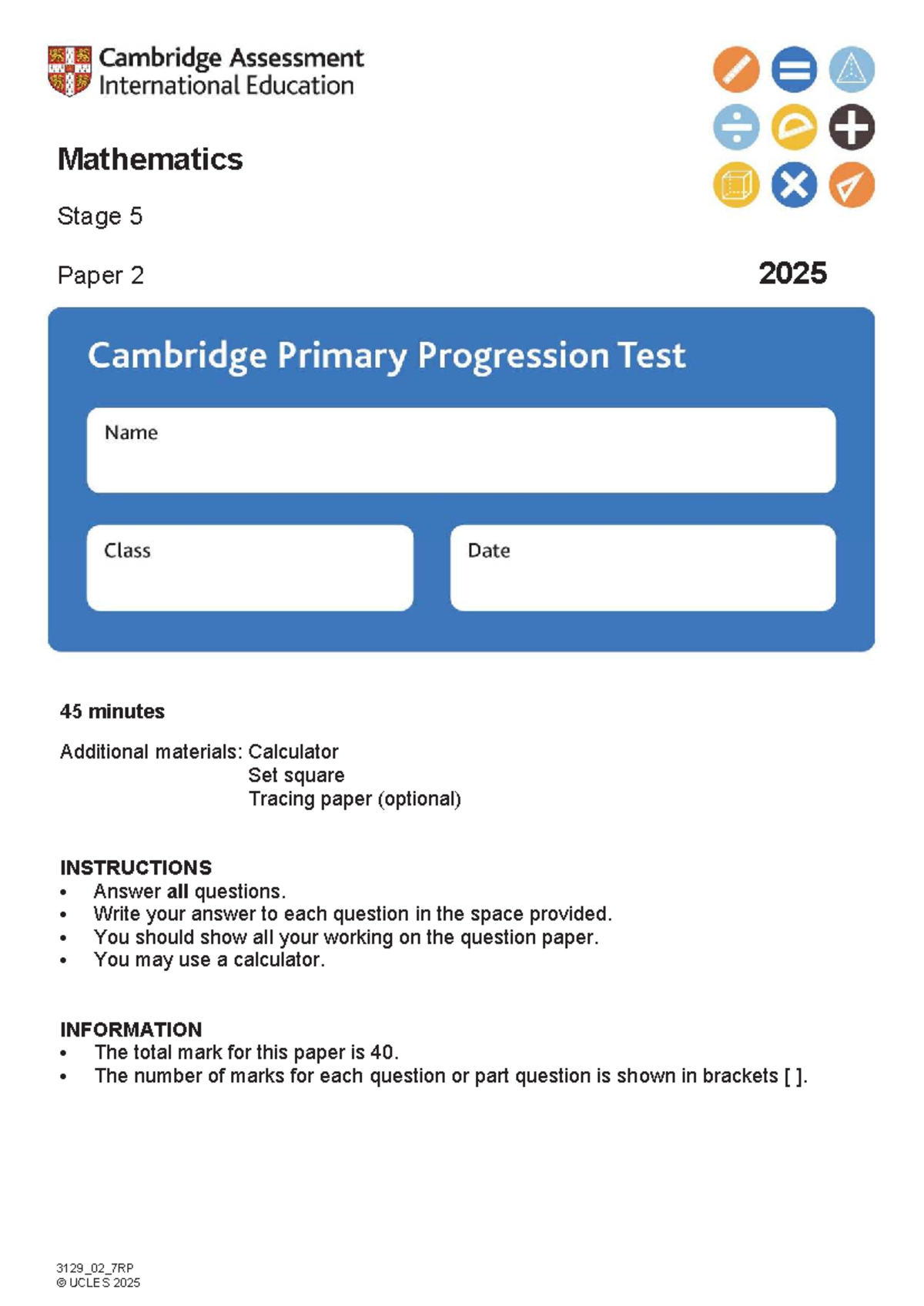 Mathematics Stage 5 Paper 2 Exam 2025 - 45 Minutes - Studocu