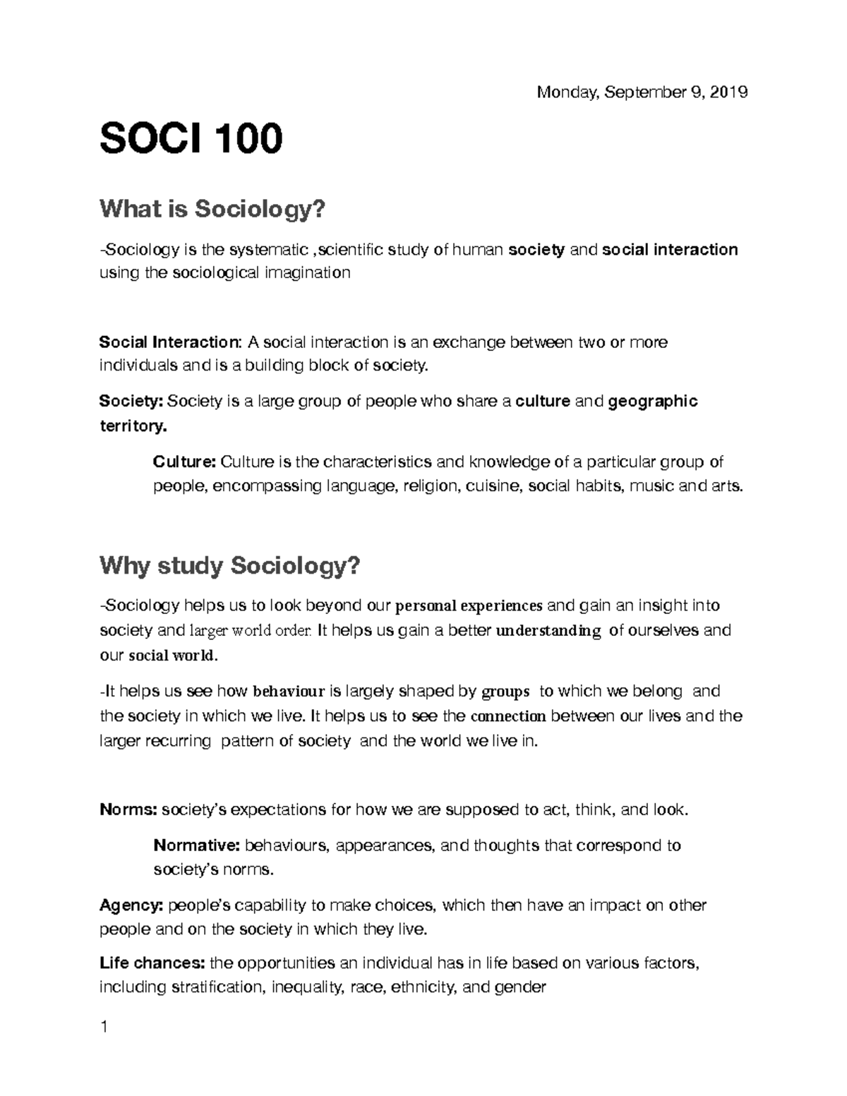 SOCI 100 chapter 1 - Lecture notes 1 - SOCI 100 What is Sociology ...