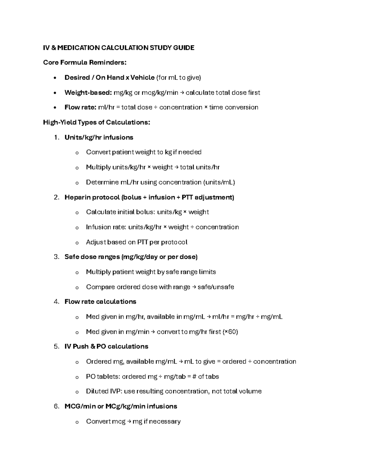 IV MEDICATION CALCULATION STUDY GUIDE: Spring 26 Math Review - Studocu