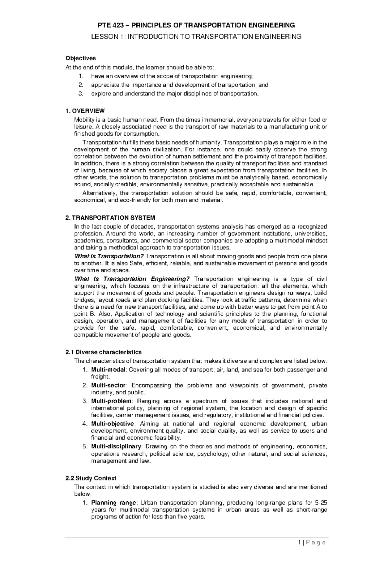 PTE 423 PRINCIPLES OF TRANSPORTATION ENGINEERING LESSON 1: OVERVIEW AND ...