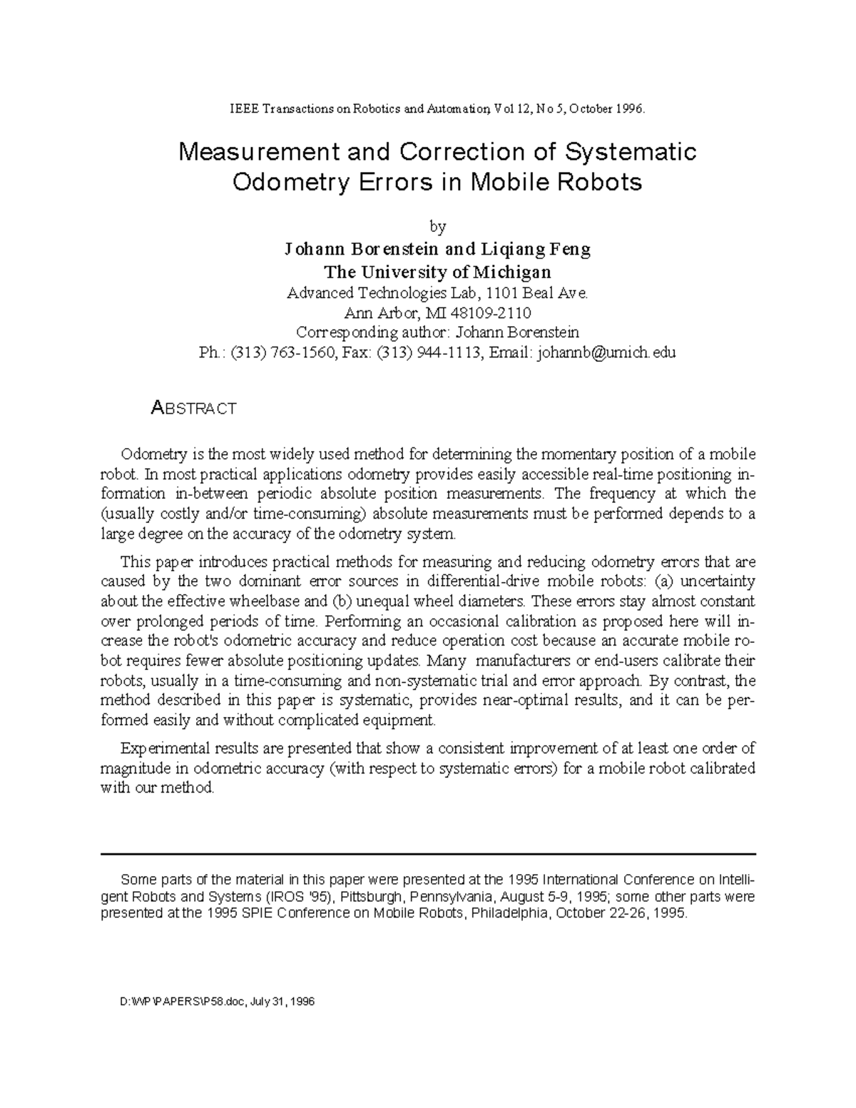 Correction of Systematic Odometry Errors in Mobile Robots (ENGR 123 ...
