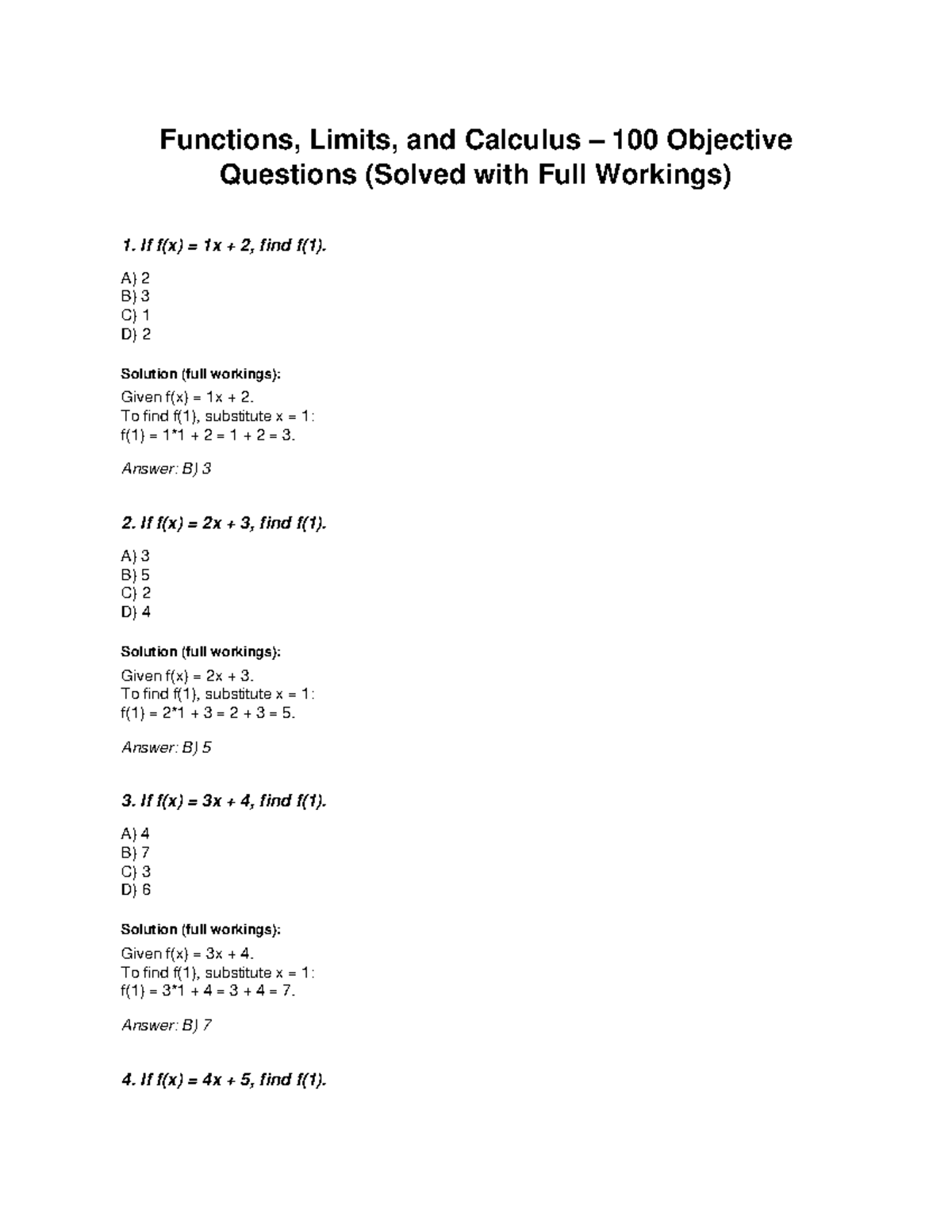 Functions, Limits, and Calculus 100: Objective Questions Solved - Studocu