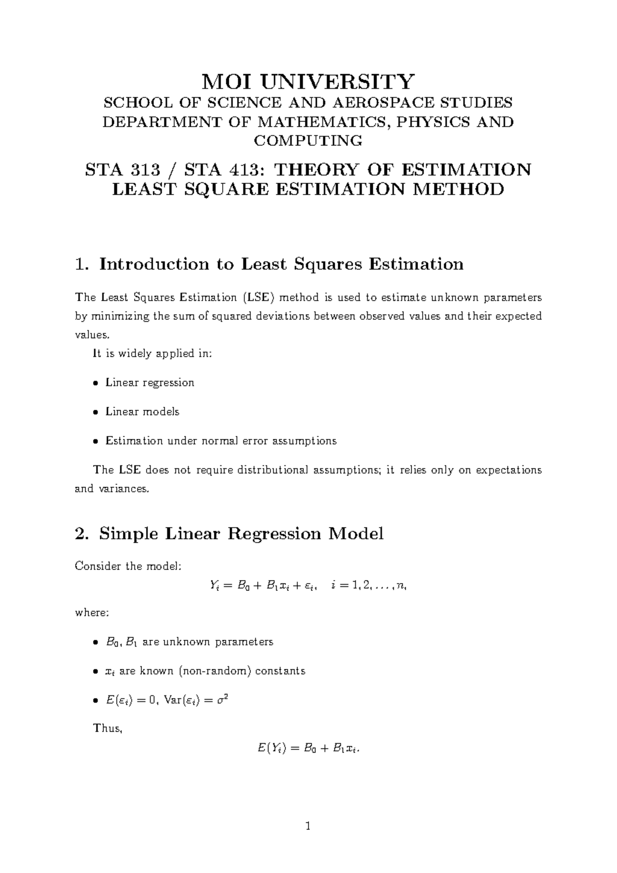 STA 413: Theory of Estimation - Least Squares Estimation Method Notes ...