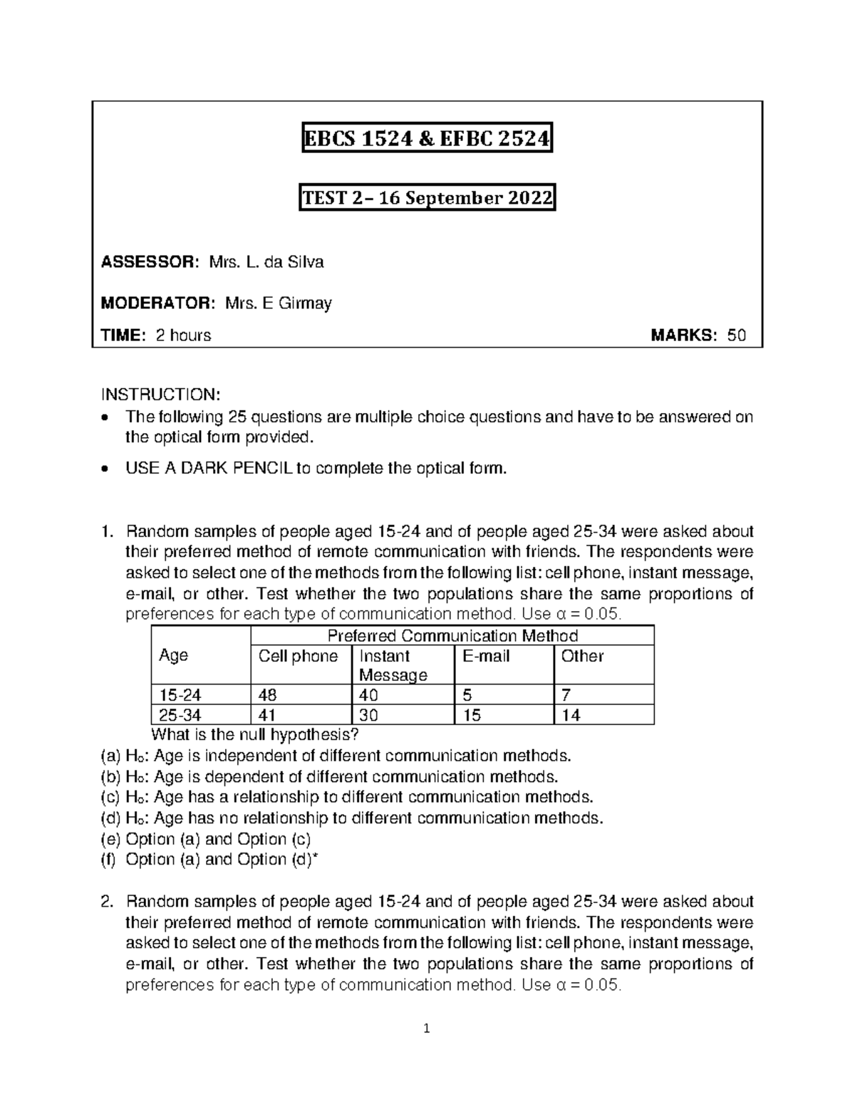 EBCS 1524 Test 2 - Analysis of Communication Methods & ANOVA - Studocu