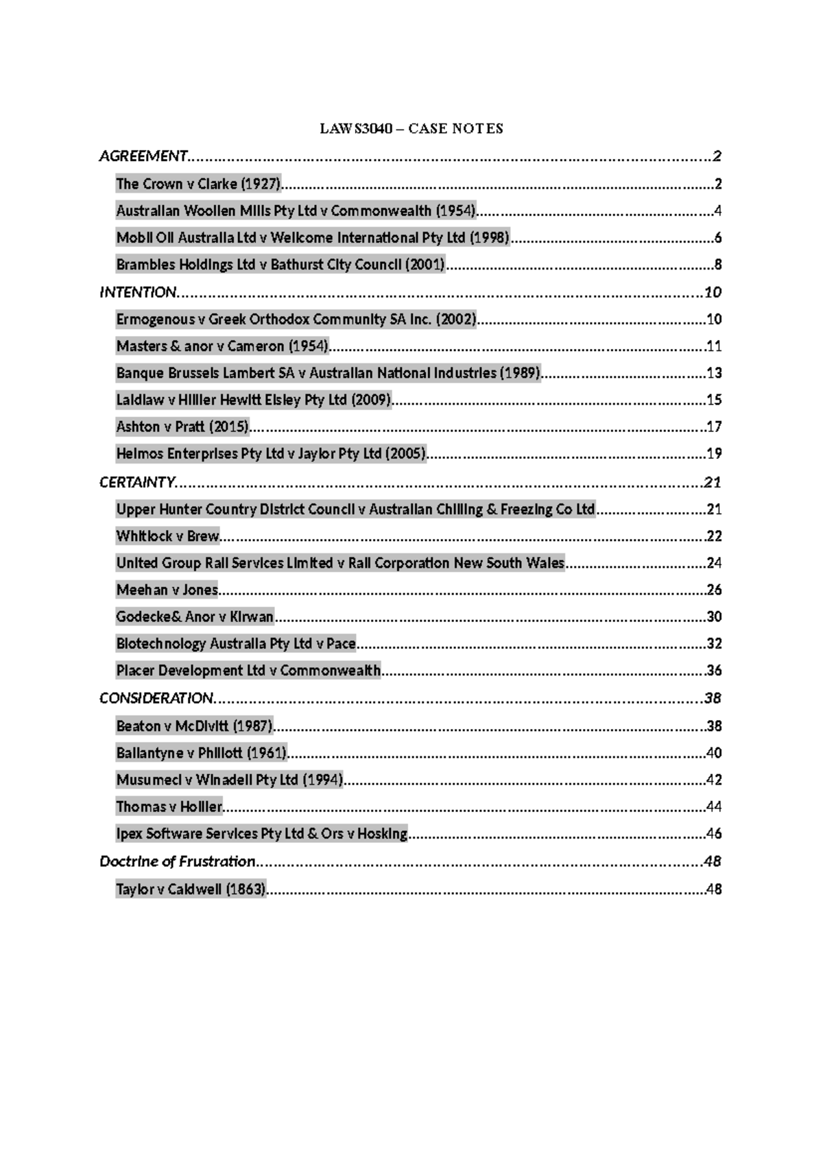 LAWS3040 - Case Notes on Contract Law Principles and Cases - Studocu