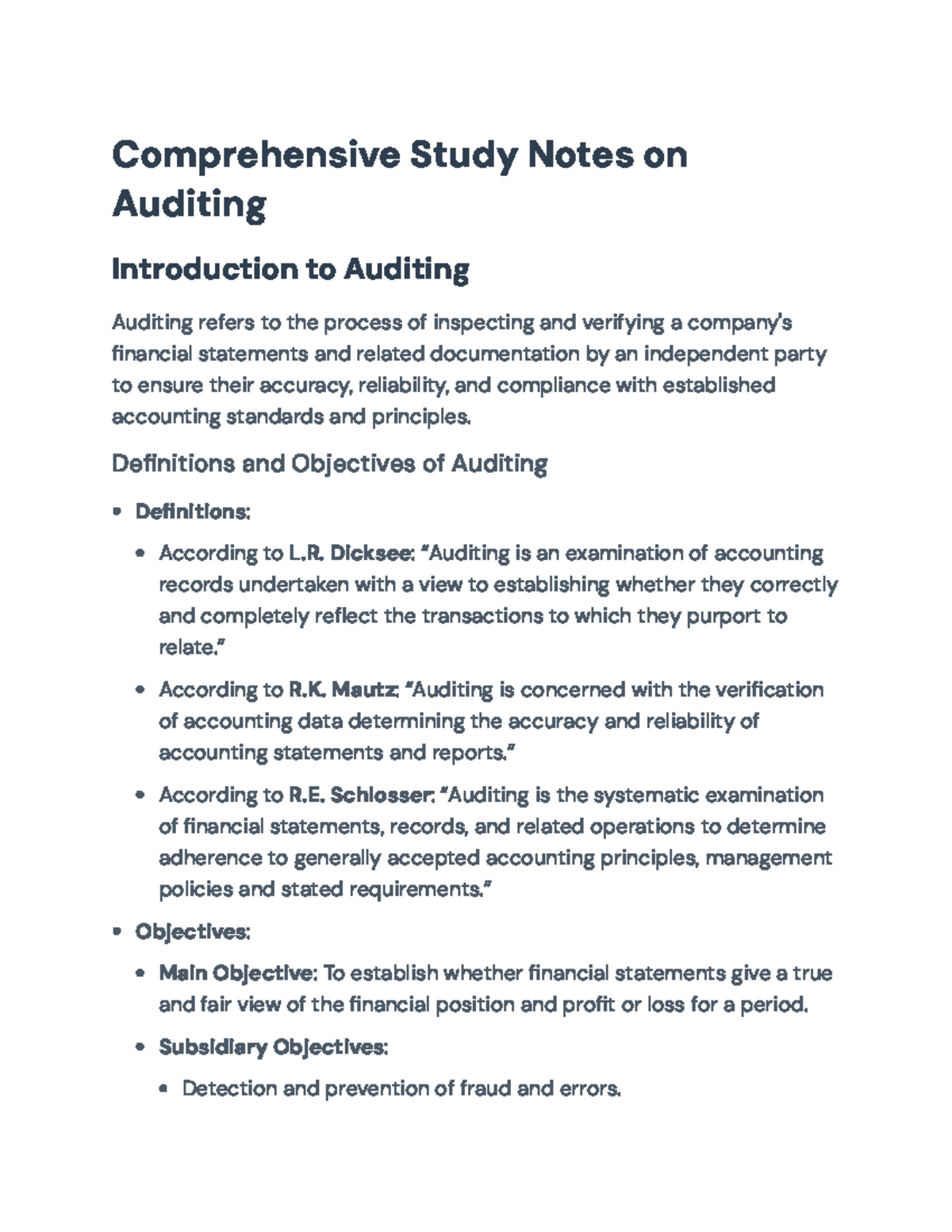 Comprehensive Study Notes on Auditing Principles and Practices ...