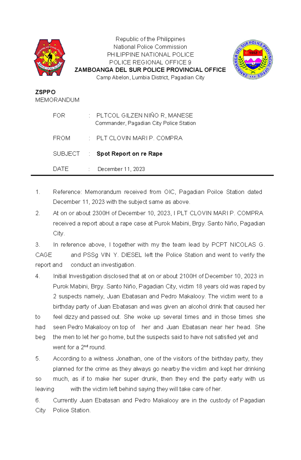 SPOT Report on Rape Case - Pagadian City Police Station 2023 - Studocu