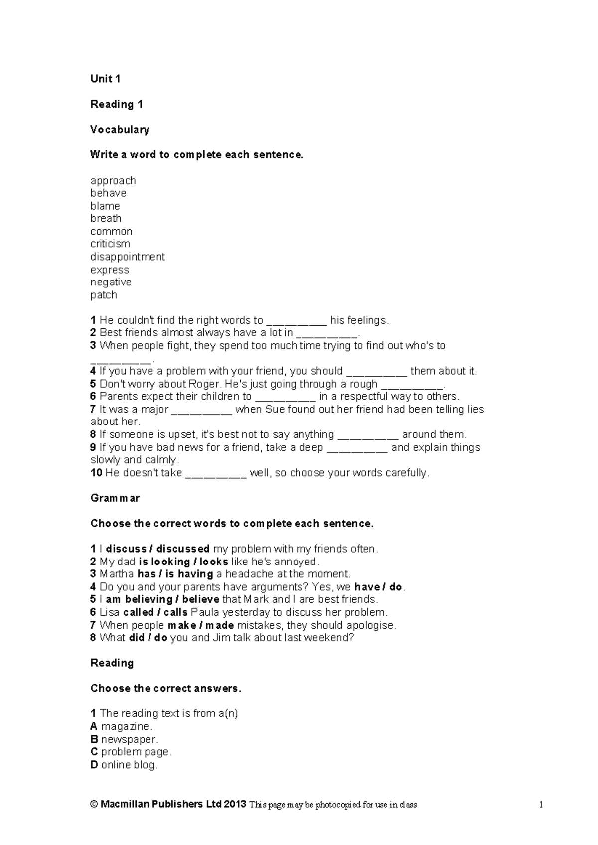 Unit 1 - hhj - Unit 1 Reading 1 Vocabulary Write a word to complete ...