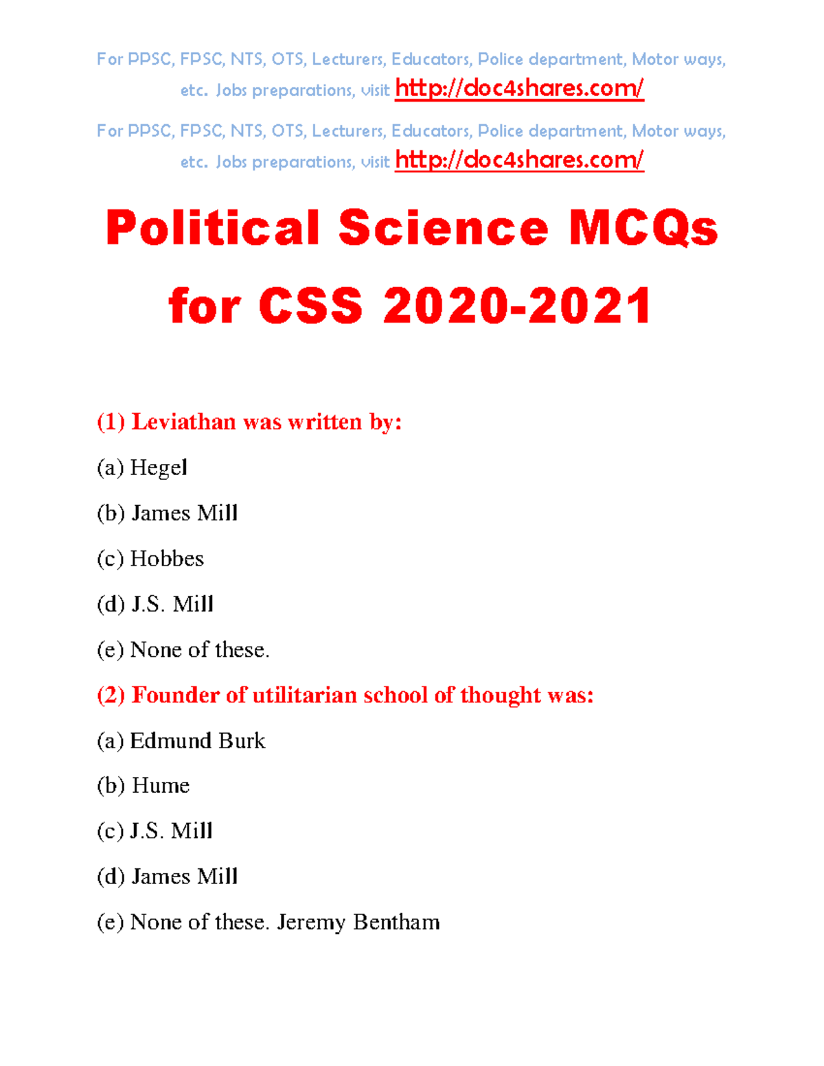 Political Science MCQs for CSS Exam Preparation 2020-2021 - Studocu