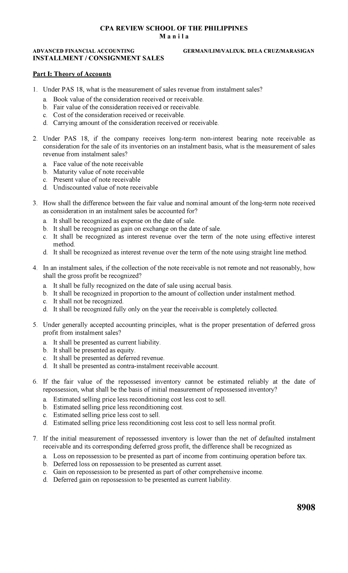 8908 - Advanced Financial Accounting: Installment & Consignment Sales - Document Preview