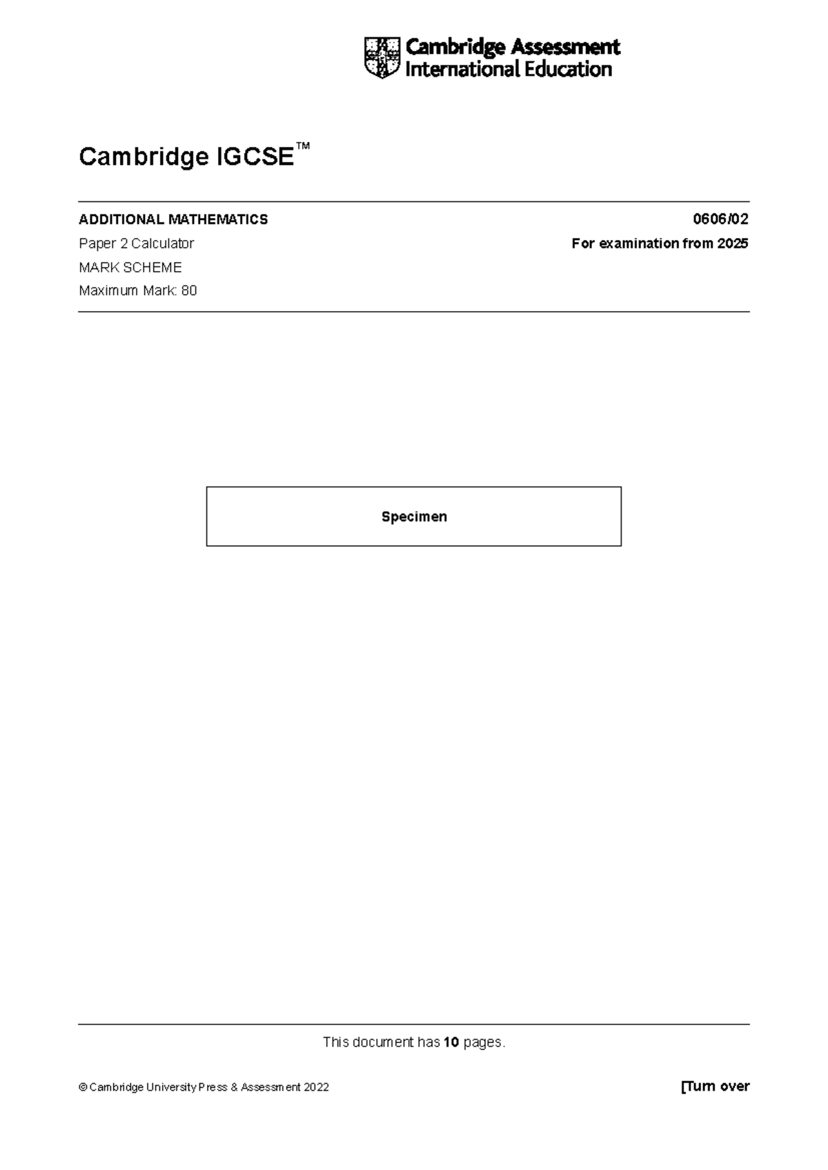 664581 Cambridge IGCSE Additional Math 0606 Specimen Paper 2 Mark ...