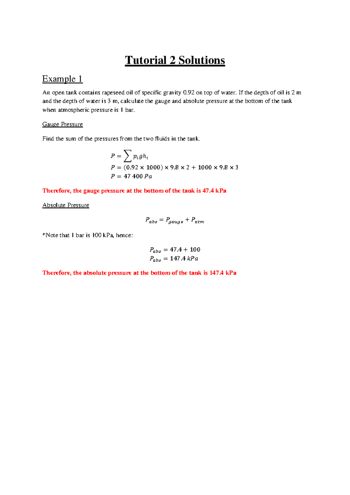 Tutorial 2 Solutions: Pressure Calculations in Fluid Mechanics - Studocu