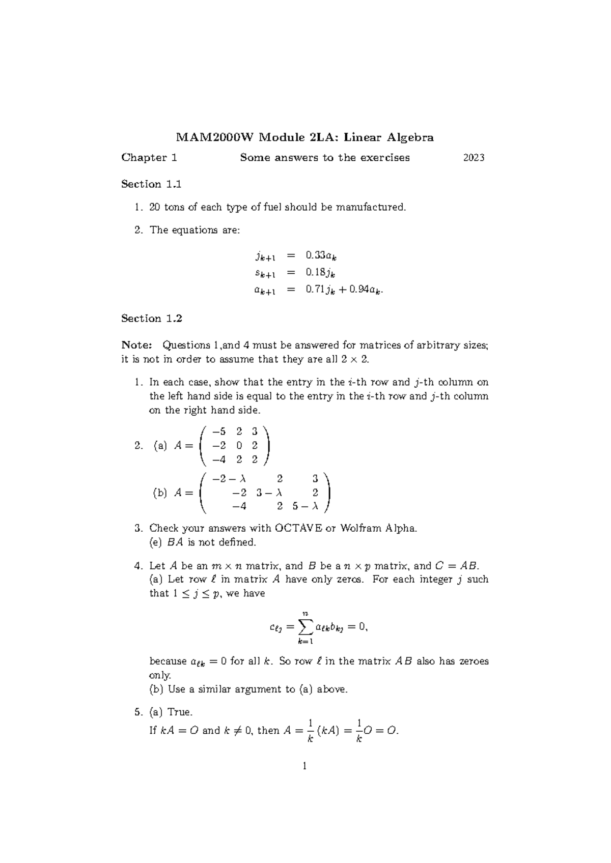 Chapt 1 ans - Answers - MAM2000W Module 2LA: Linear Algebra Chapter 1 ...