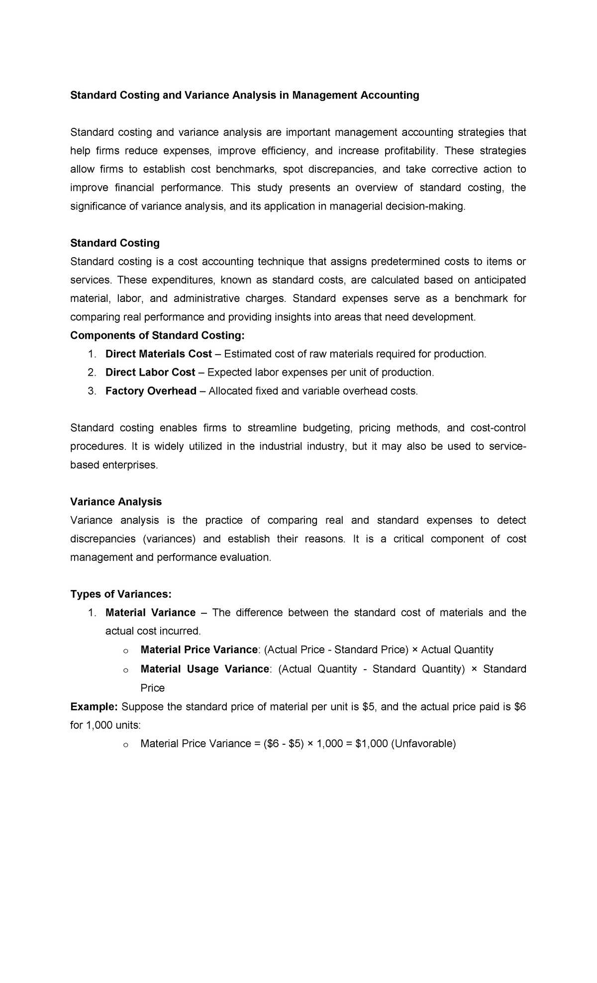 Written Report 4 - Standard Costing and Variance Analysis in Management ...