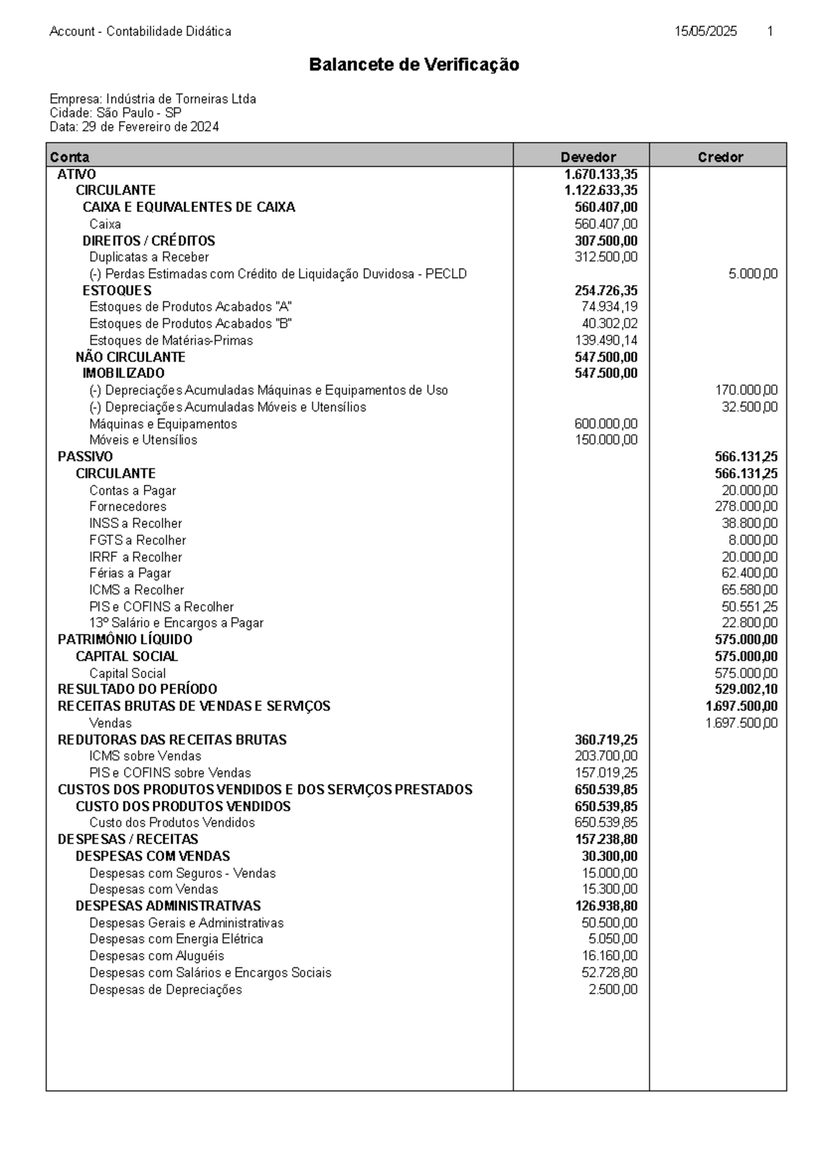 Balancete de Verificação - Contabilidade Didática 1 - Fevereiro 2024 ...
