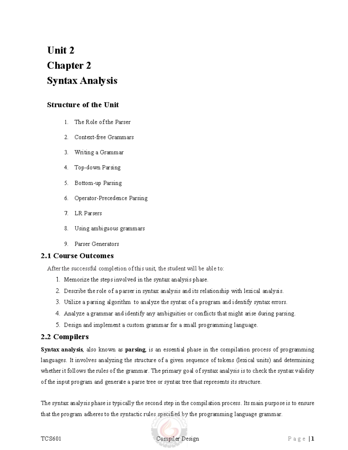 Unit 2 - TCS601 Compiler Design: Syntax Analysis and Parsing Techniques ...
