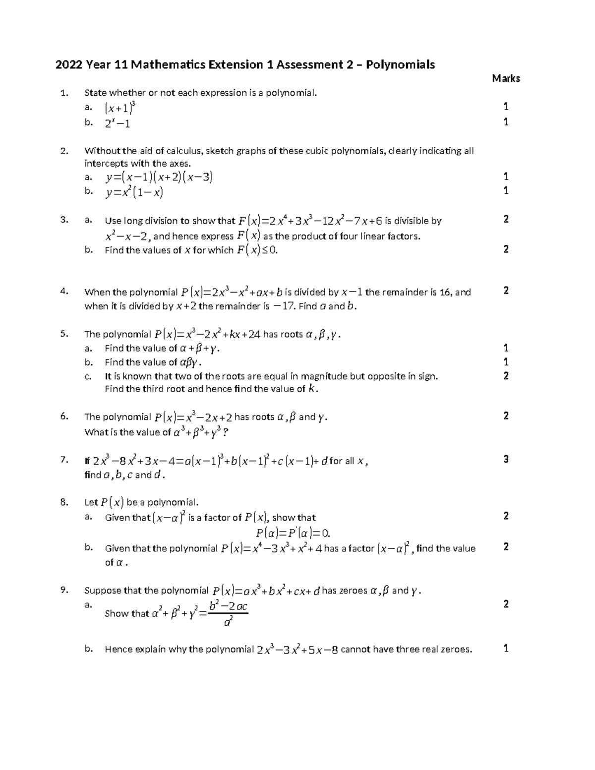 Year 11 Math Ext 1 Assessment 2: Polynomials Task Guide - Studocu