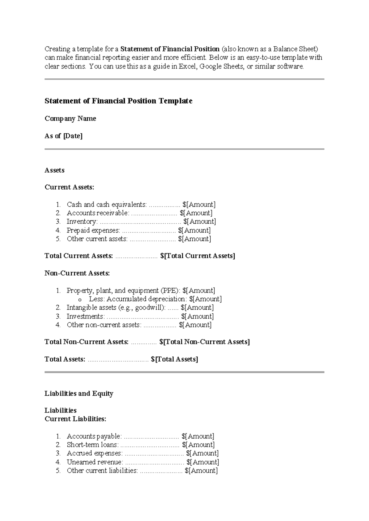 Creating a Statement of Financial Position Template for Reporting - Studocu