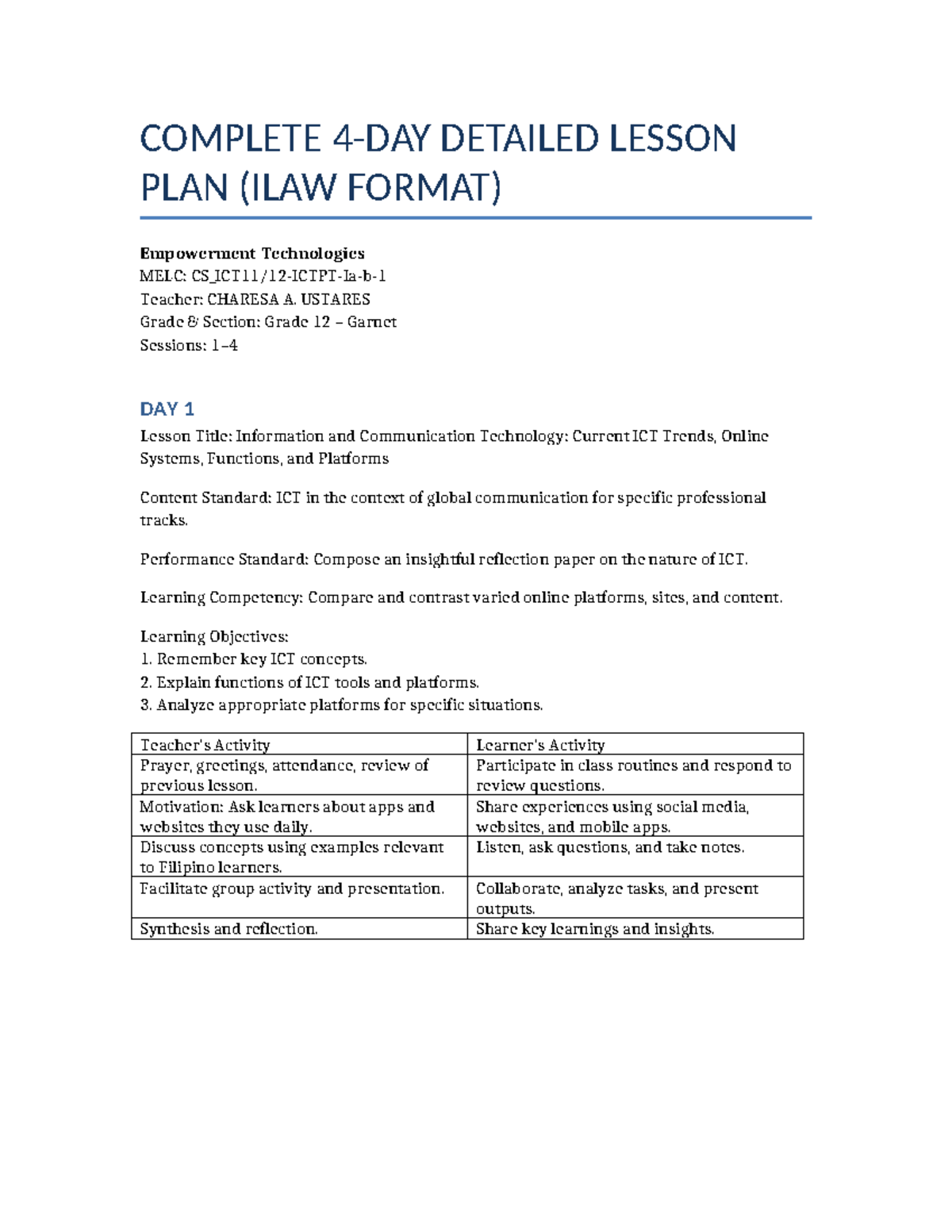ILAW DLP: Empowerment Tech Lesson Plan on Current ICT Trends - Studocu