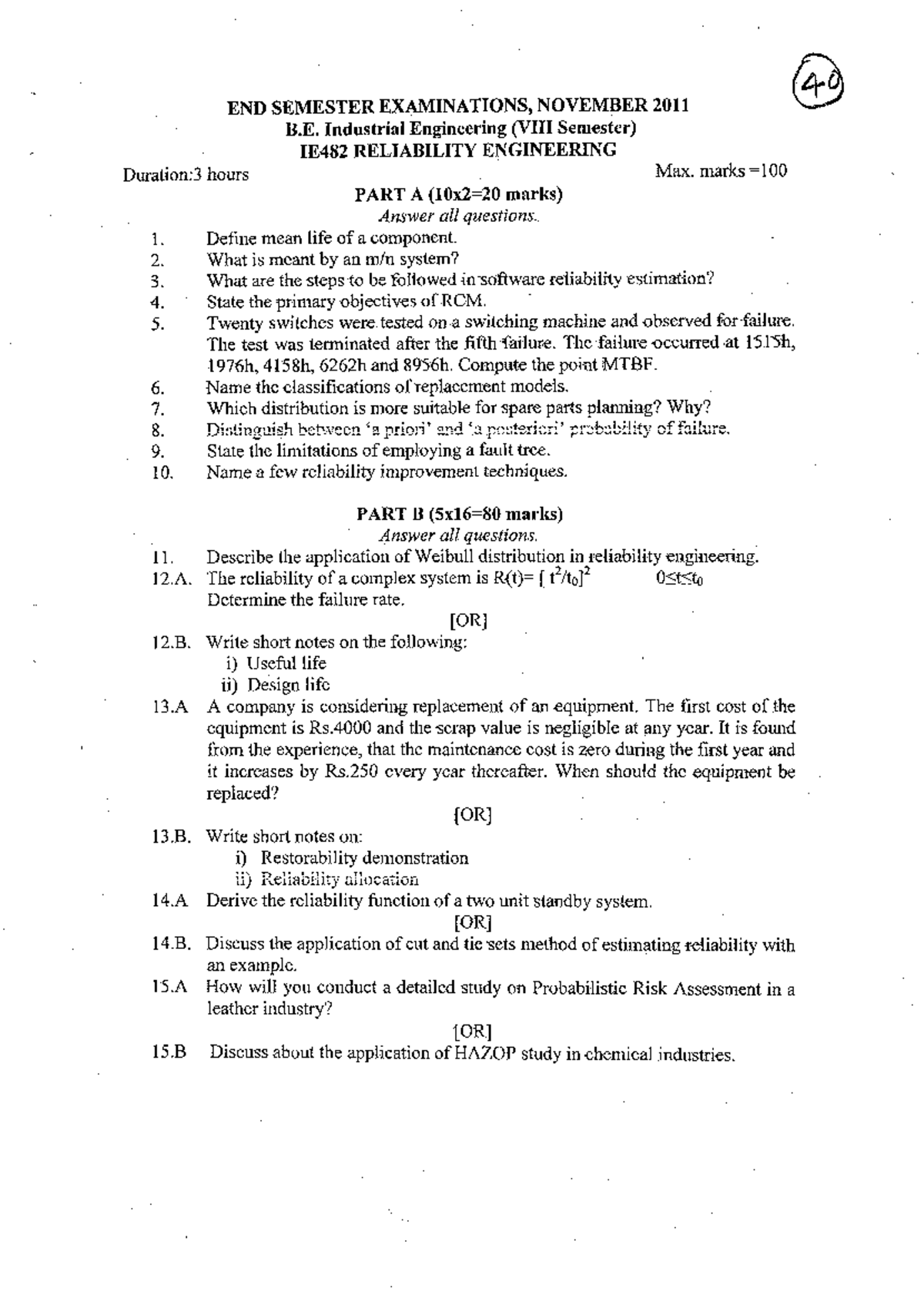 Question Paper on Reliability Analysis and Maintainability - 40 END ...