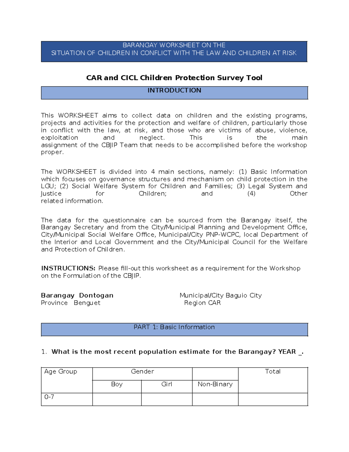 1 Workshop I Barangay Carcicl Protection Survey Tool - BARANGAY ...