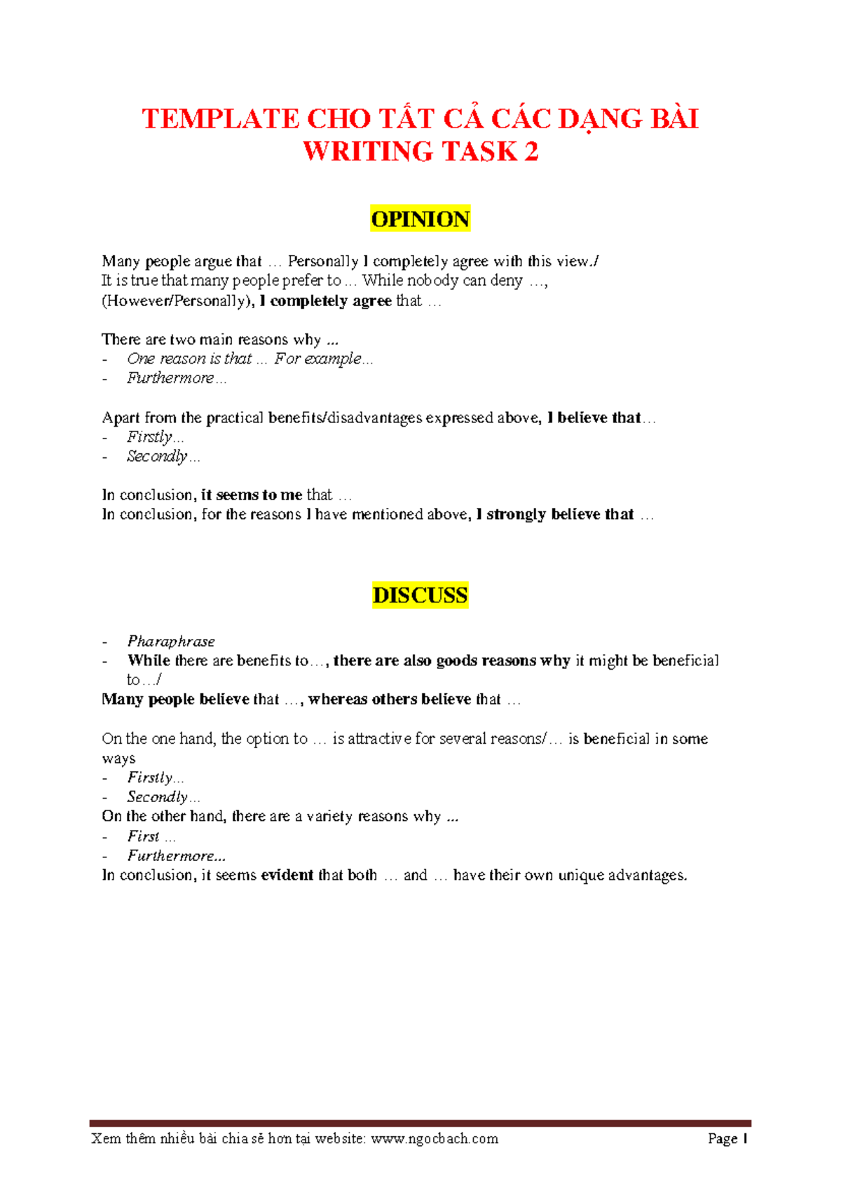 Template CÁC DẠNG BÀI Writing TASK 2 Ielts Ngocbach - TEMPLATE CHO TẤT ...