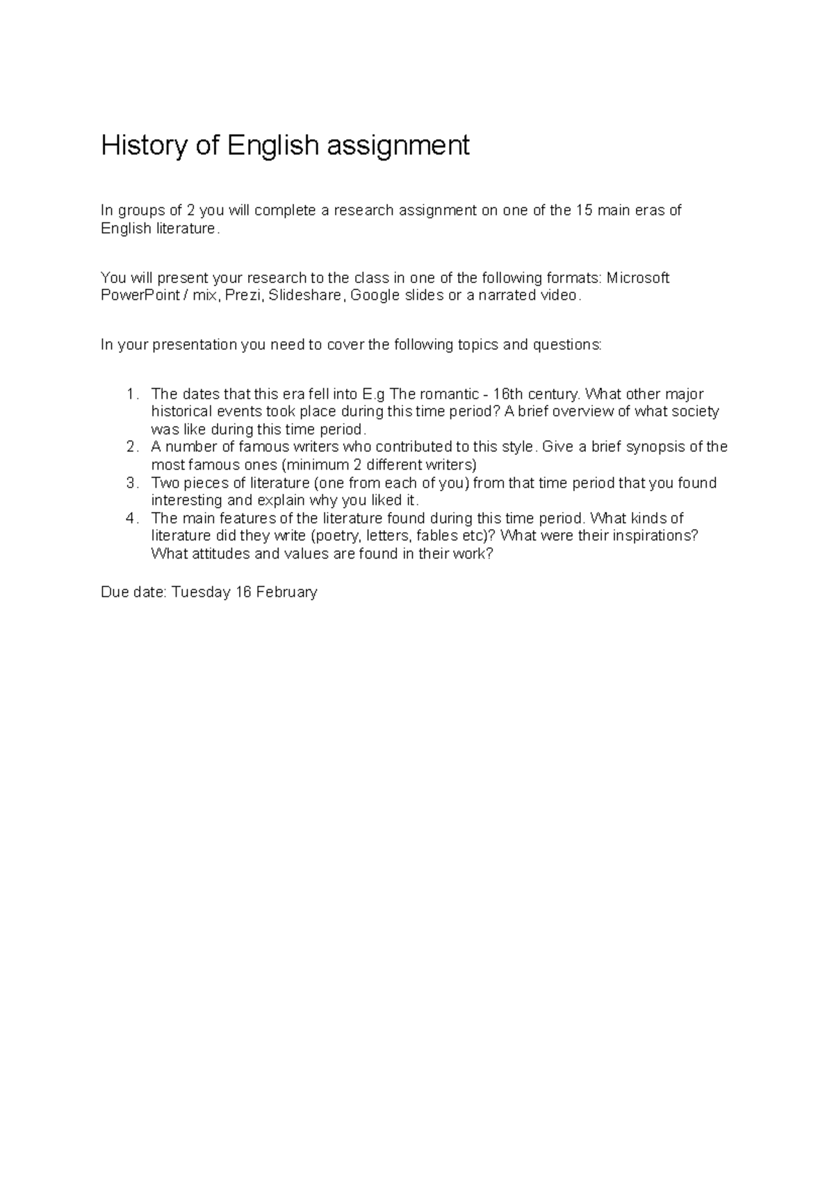 ENG 201: Group Research Assignment on English Literature Eras - Studocu