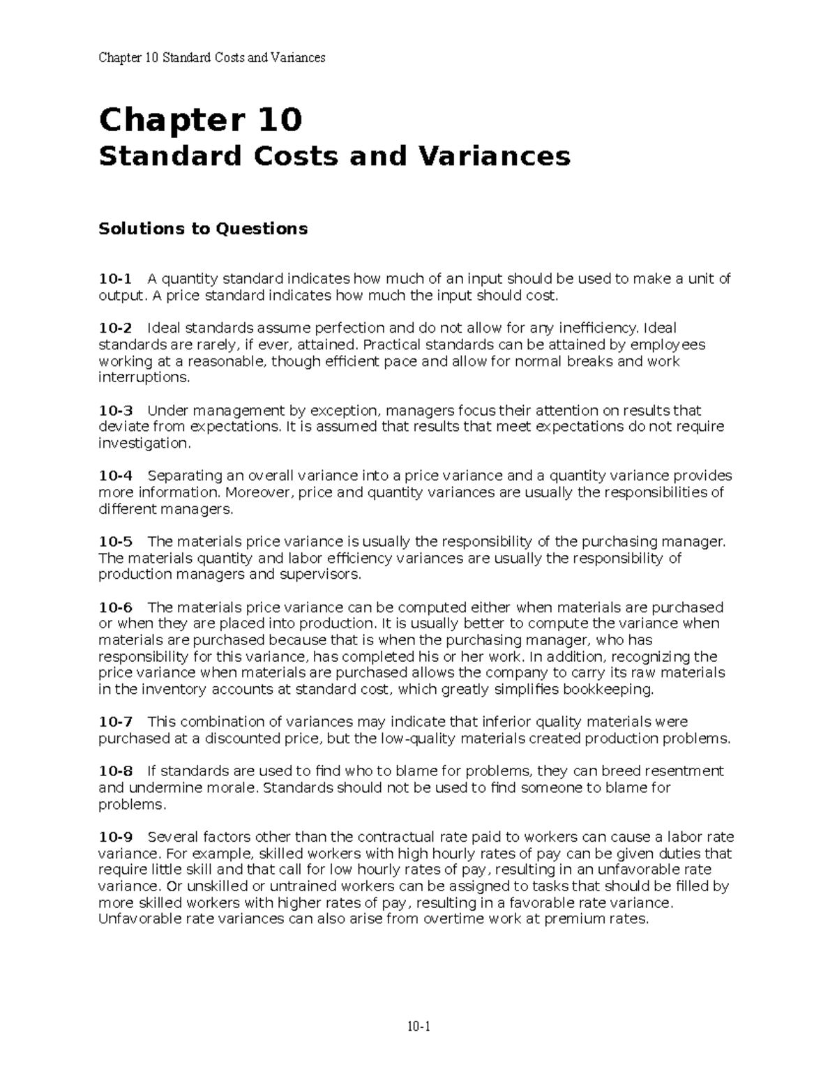 Chapter 10 - Standard Costs and Variances Solutions and Exercises - Studocu