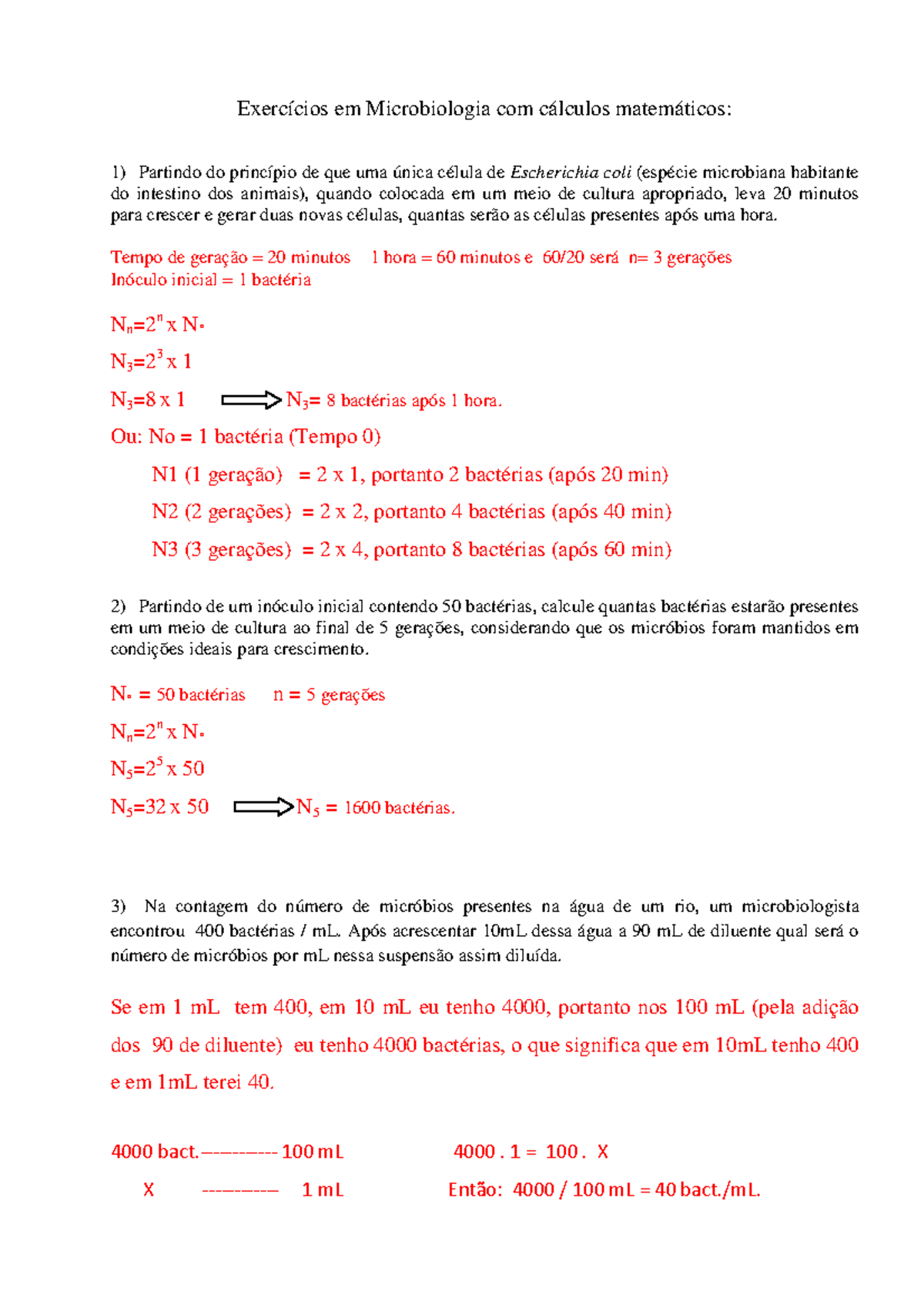 Exercícios de Cálculo em Microbiologia para o Curso de Ciências ...