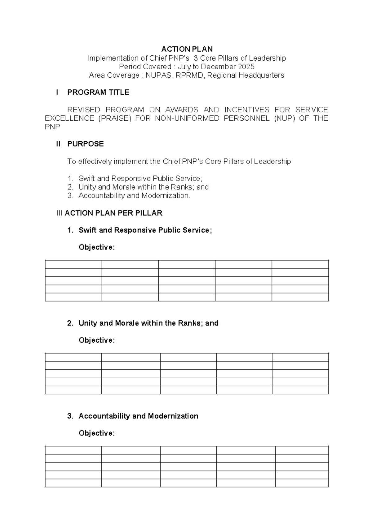 Revised Action Plan for PNP Leadership Core Pillars (July-Dec 2025 ...