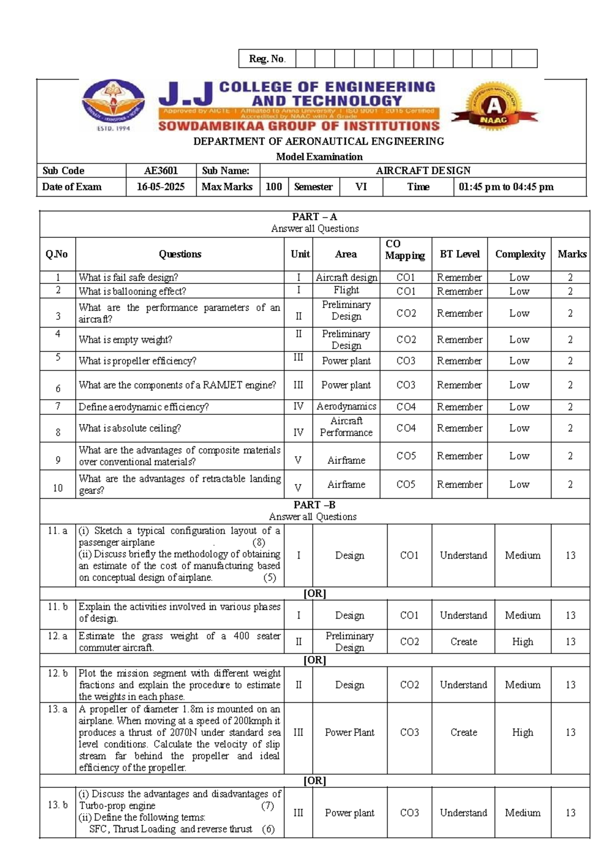 AE3601 Aircraft Design Model Exam Question Paper - Studocu