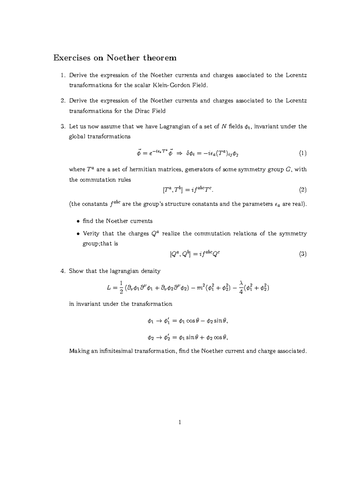 Exercises on Noether Theorem - Derive the expression of the Noether ...