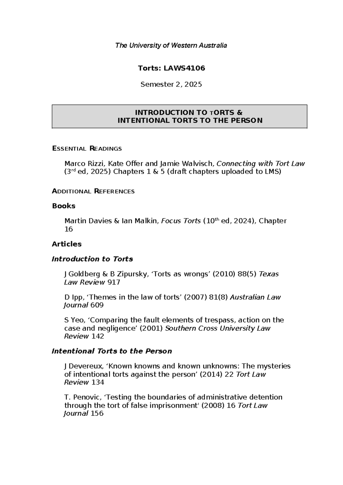 LAWS4106 Lecture Outline: Intro to Torts & Intentional Torts - Studocu