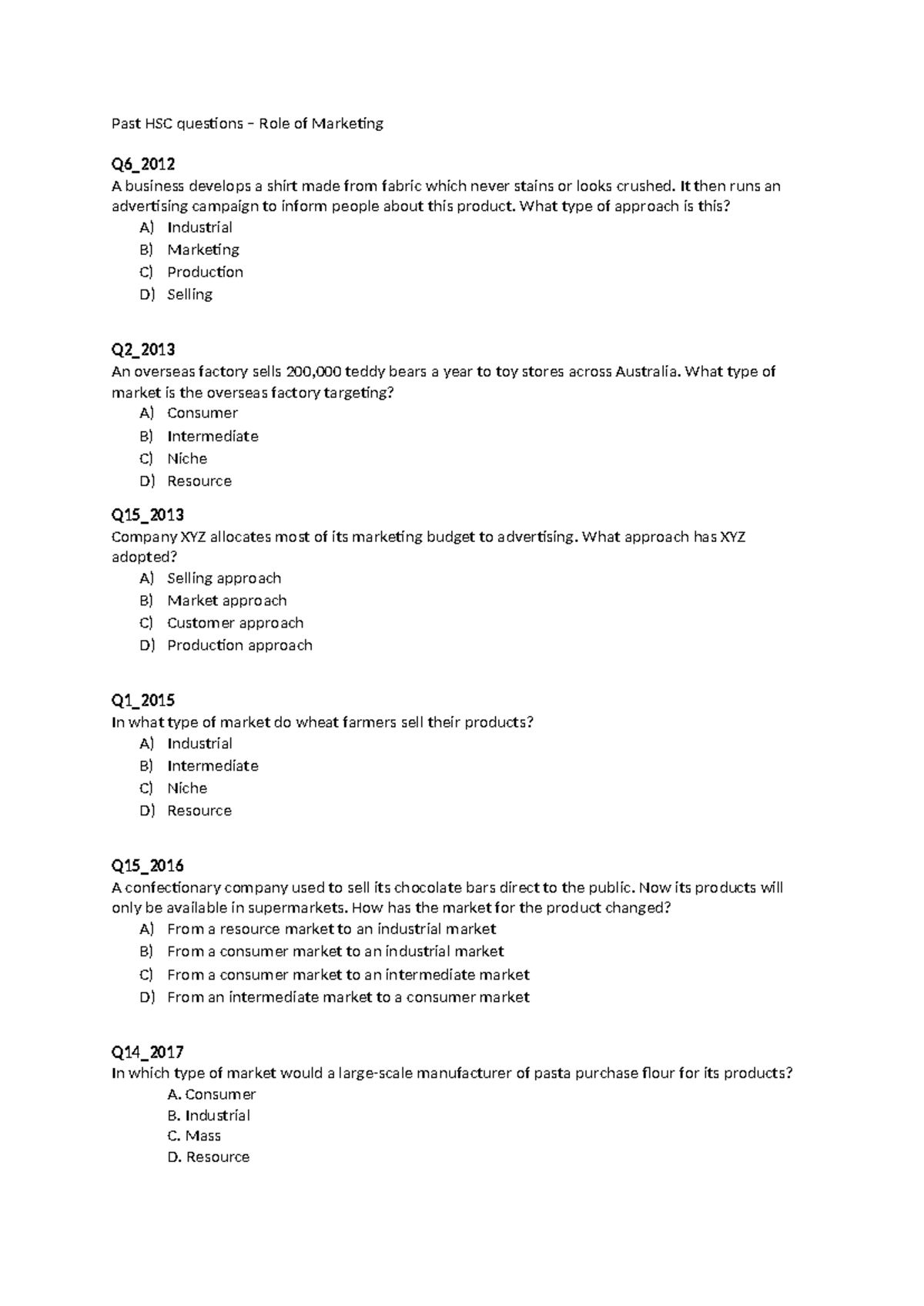 Past HSC Questions: Role of Marketing Analysis and Approaches - Studocu
