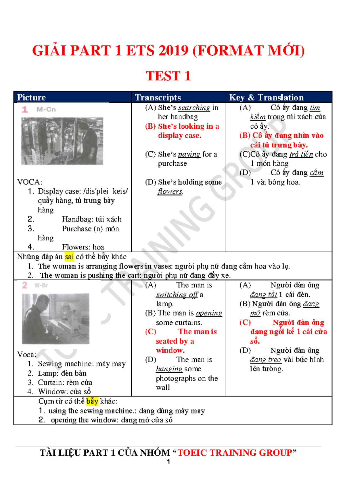 GIẢI PART 1 - ETS 2019 - HƯỚNG DẪN VÀ ĐÁP ÁN CHI TIẾT - Studocu