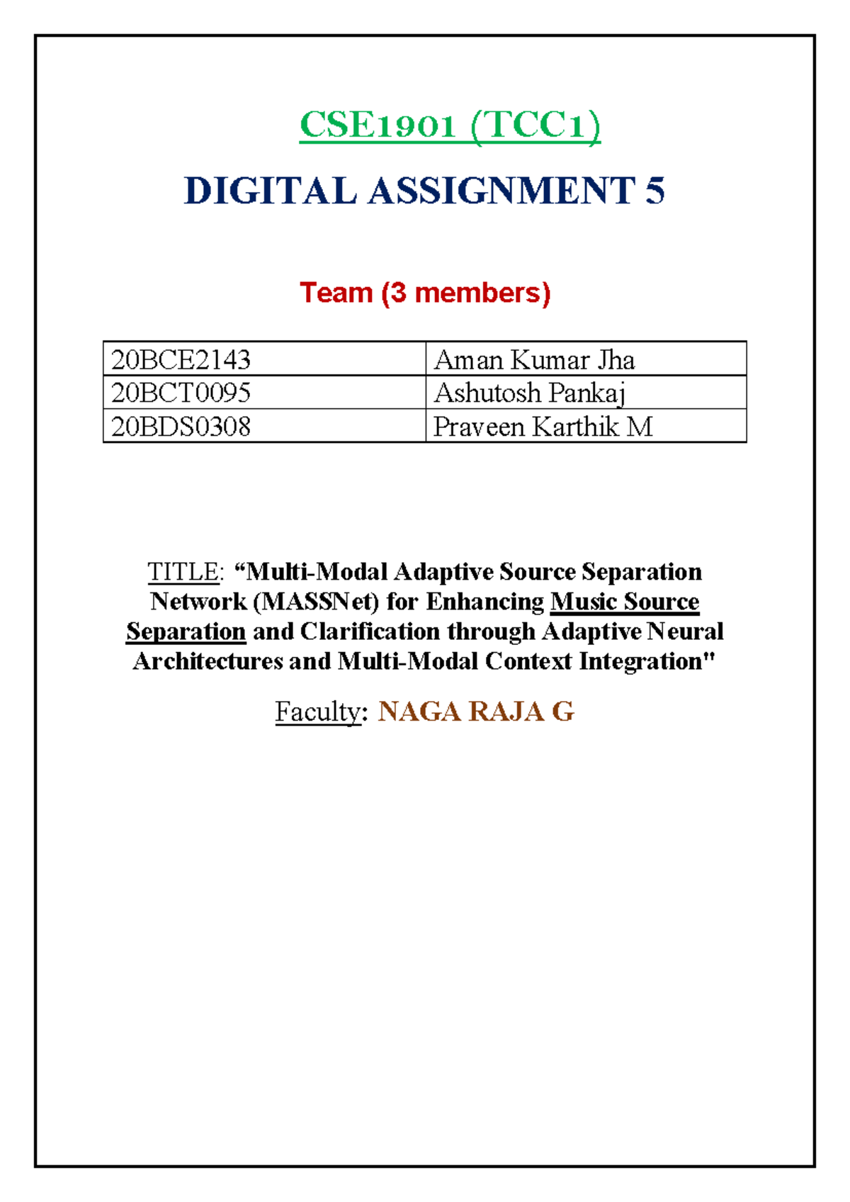 DA5 pdf - Pdf - CSE1901 (TCC1) DIGITAL ASSIGNMENT 5 Team (3 members ...
