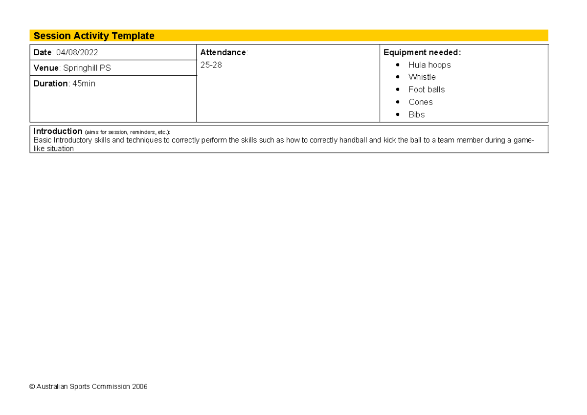 Session Plan - Springhill PS (AFL) - Intro Skills & Drills Activities ...