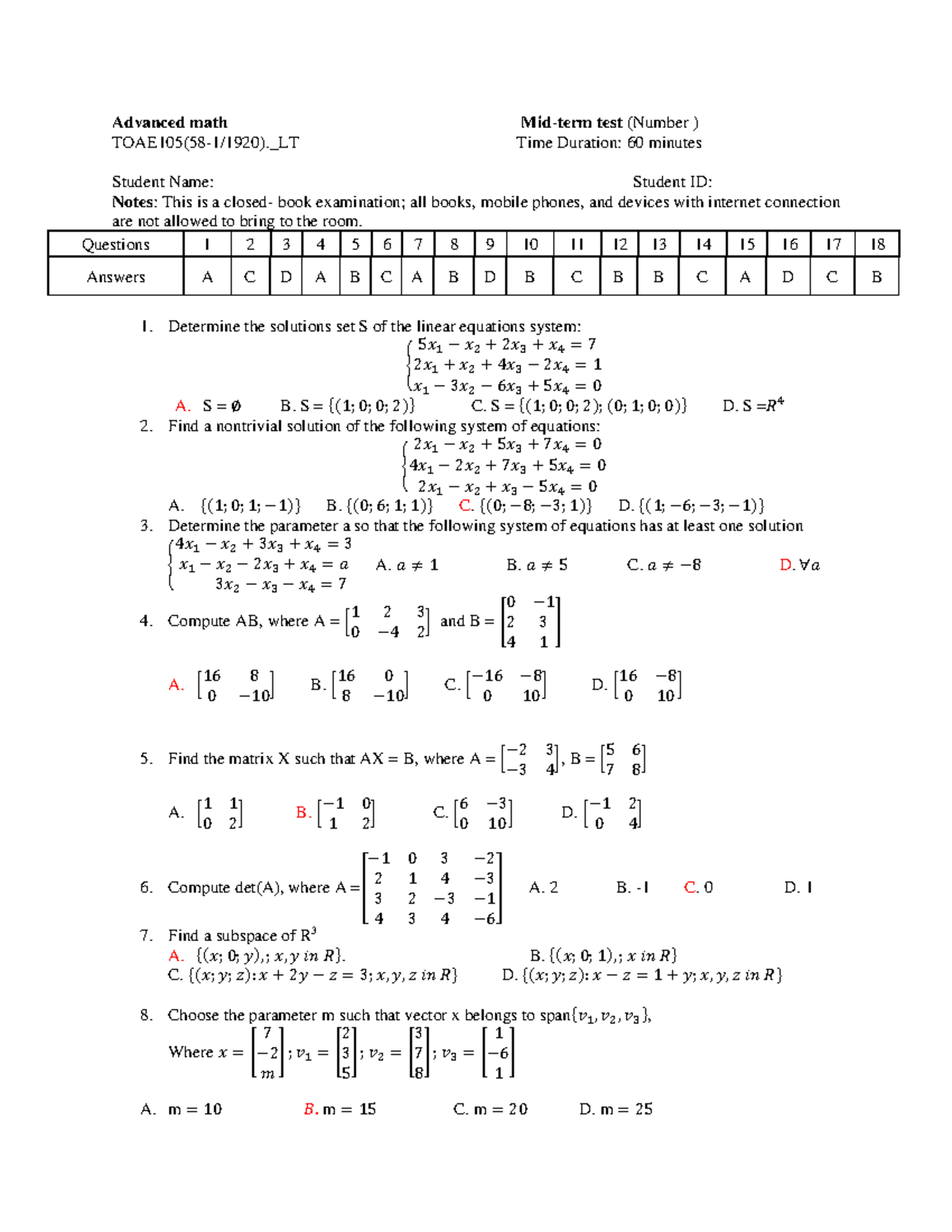 Advanced Math Midterm Exam TOAE105: Questions & Answers - Studocu