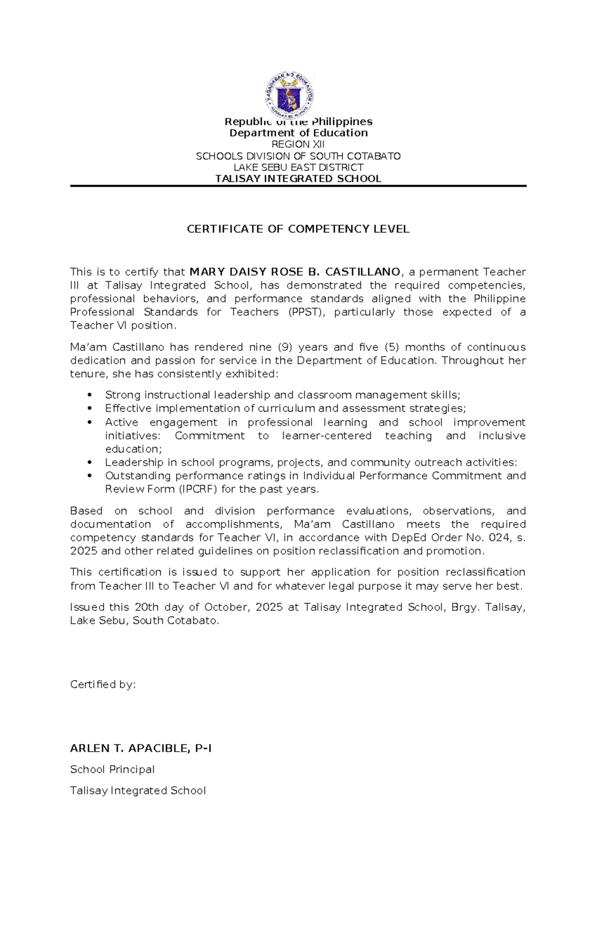 Certificate of Competency Level for Teacher VI - DepEd Order No. 024, s ...