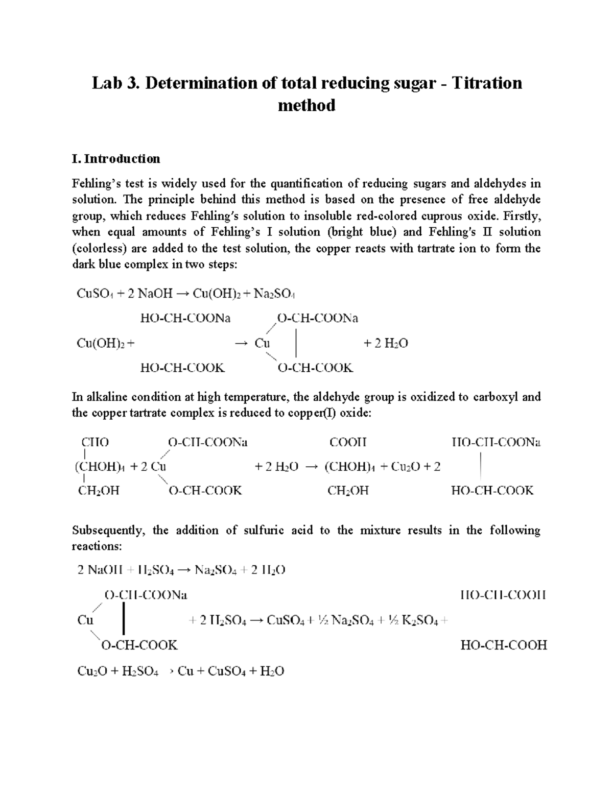 Lab 3: Total Reducing Sugar Determination via Titration Method - Studocu