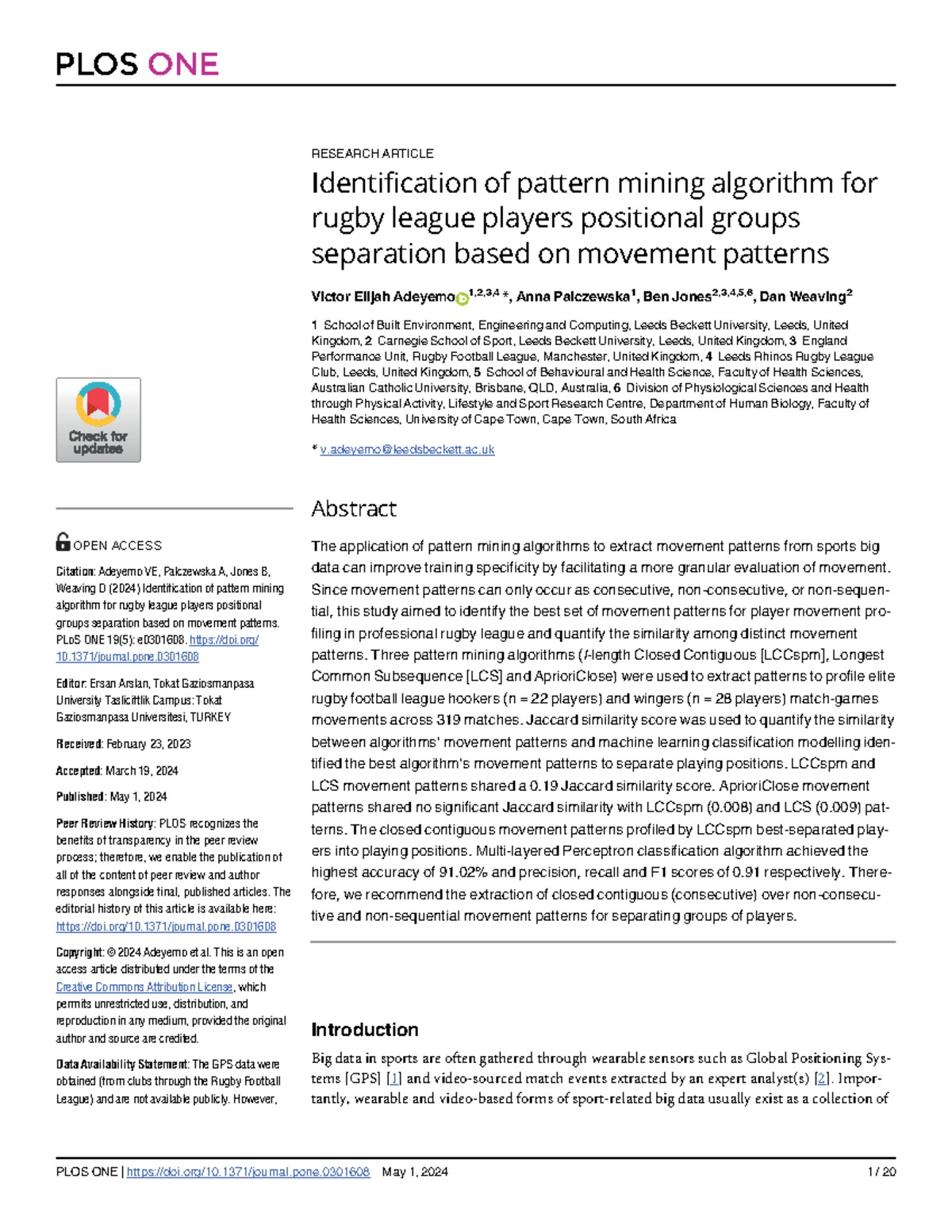 Identification of Pattern Mining Algorithms for Rug League Player ...