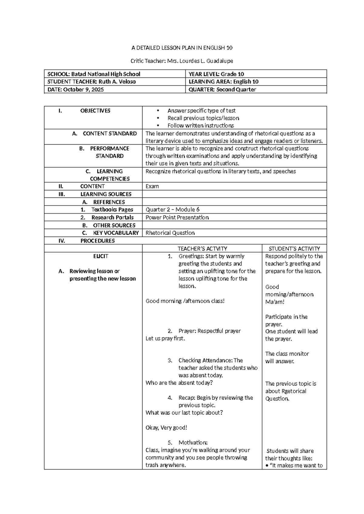 DLP WEEK 2 DAY 4: Detailed Lesson Plan for English 10 - Studocu